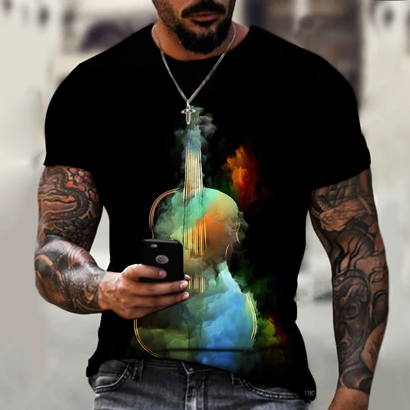 Summer Men T-shirt Music With Flame Guitar Cool 3d Printing Quality Fabric Comfortable And Loose Oversize
