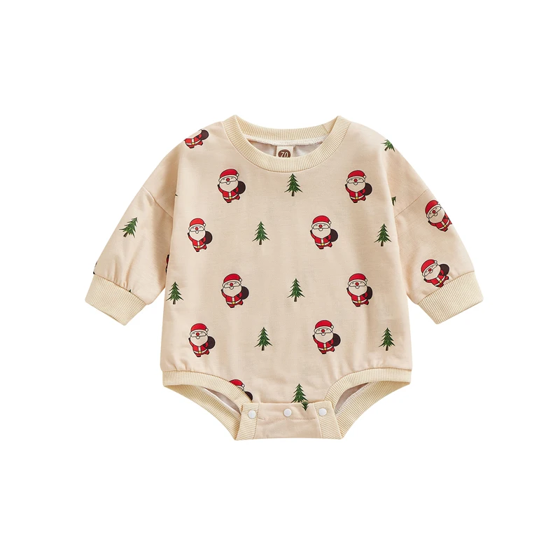 

Infant Baby Christmas Bodysuits 3-18 Month Cartoon Santa Claus Tree Print Long Sleeve Round Neck Short Romper for Boys Girls