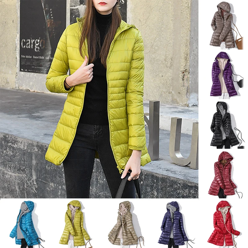 

Woman Duck Down Jackets Autumn Winter Ultralight Hooded Women Down Coat Portable Long Parkas Padded Puffer Overcoat Warm S-7XL