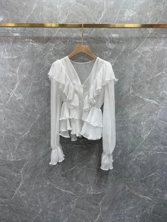 

2022 new women fashion long-sleeved sexy v-neck ruffles fairy temperament pullover top shirt 410