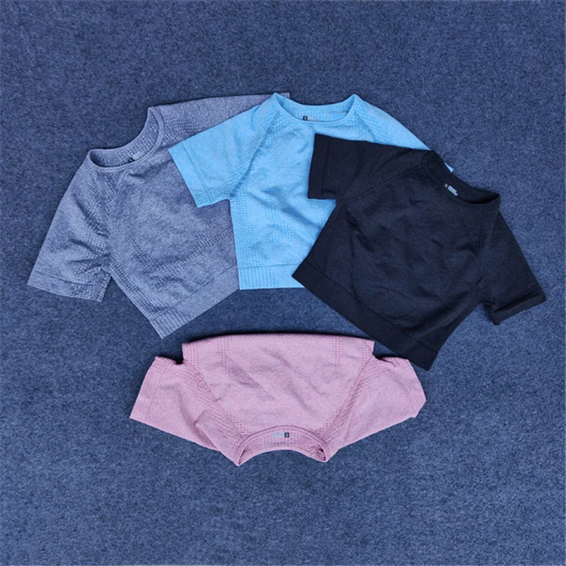 

Woman Short Sleeve Solid Color Yoga Shirts Seamless Women Fitness Crop Top Workout Tops Gym Clothes Sportswear Athletic T-shirts