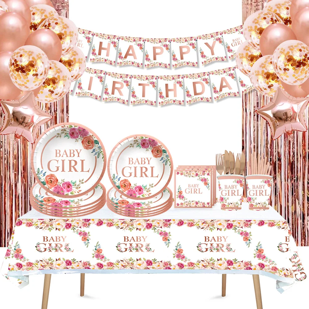 

Baby Girl Birthday Party Decorations Disposable Tableware Rose Gold Baby ShowerCups Napkins Party Decor Party Event Supplies