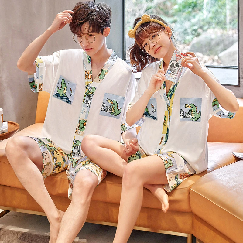 Couple Summer Pajama Sets Women Men Cartoon Dinosaur Korean Loose V-Neck Pyjama Home Clothes Sleepwear Silk Adult Loungewear