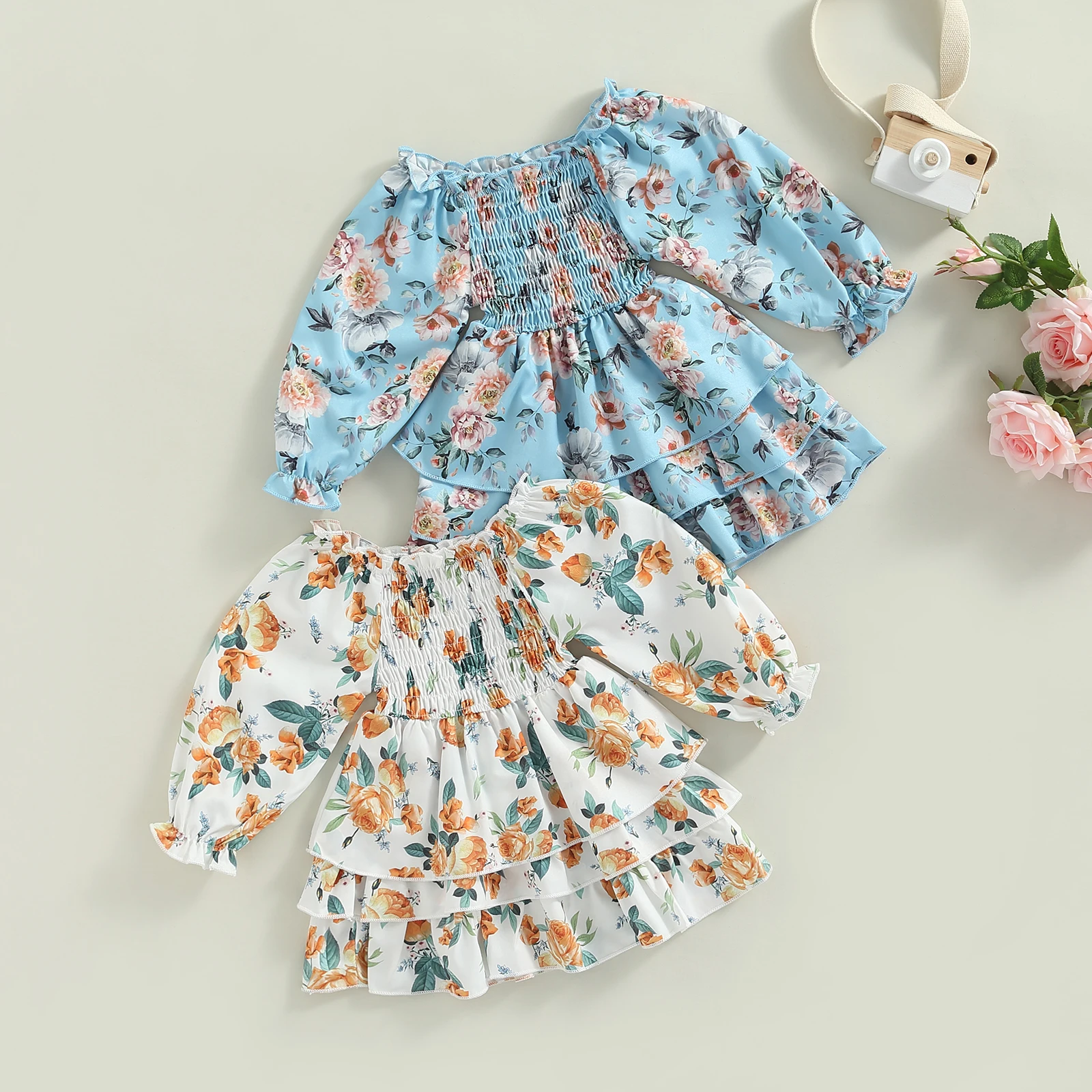 

Girls Casual Floral Dress Flower Print Boat Neck Long Sleeve Smocked with Layered Hem for Kids 1-5 Years