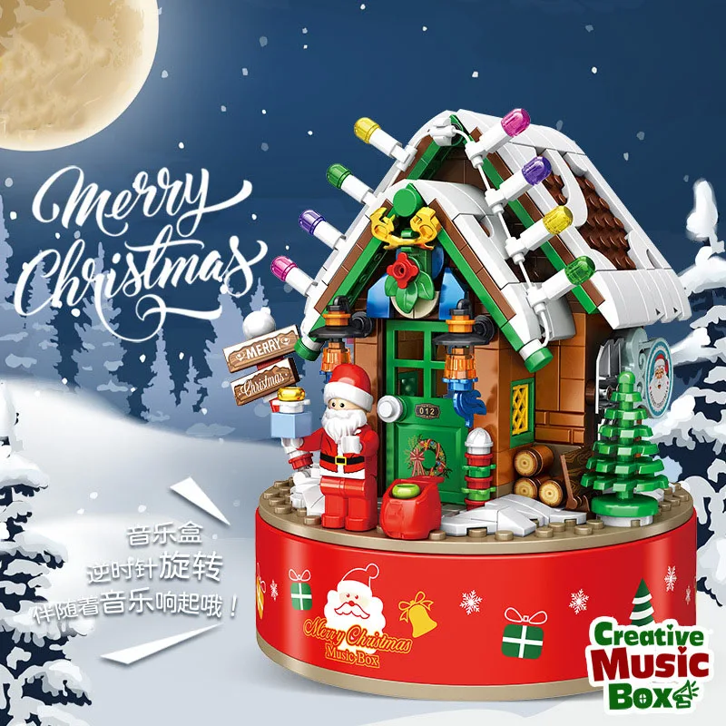 

Christmas Hut Music Box Children's Holiday Gifts Mini Particles Assembled Building Blocks Toy Ornaments DIY Toys Xmas Home Decor