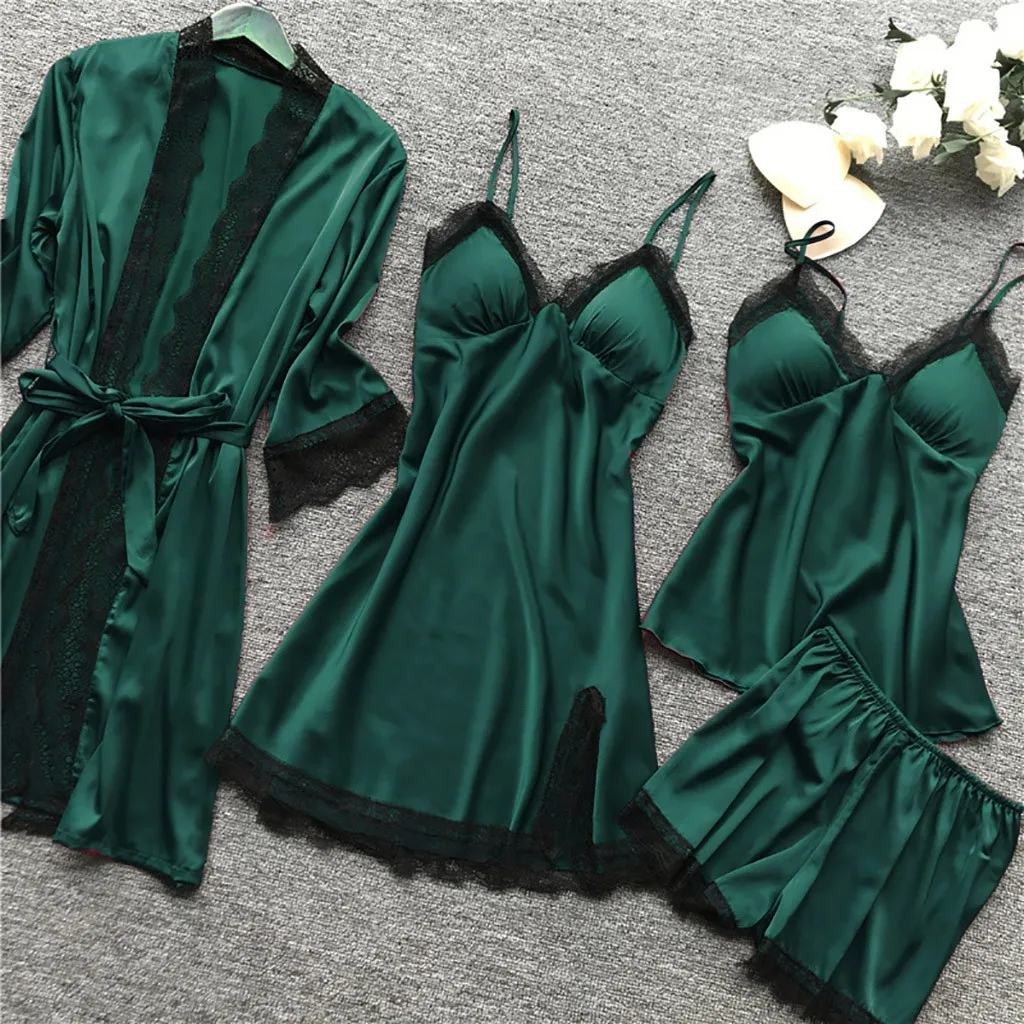 

Women 4pc Sexy Sleepwear Silk Lace Trim Comfortable Loose Sleepdresses Set Ladies Solid Color Seamless Breathable Sexi Nightgown