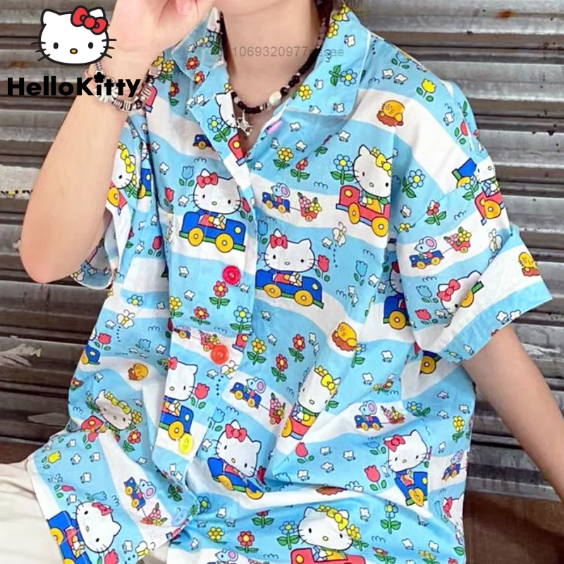 

Sanrio Hello Kitty Trend Women Beach Shirts Y2k Kawaii Cartoon Casual Korean Blouses Loose Harajuku Girls Tops Floral Clothes