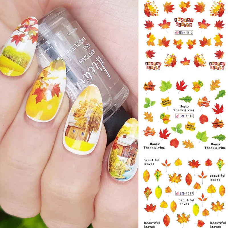 

12pcs Nail Stickers Autumn Maple Leaves Designs Water Transfer Decals Manicure DIY Tips Nail Art Decorations Slider