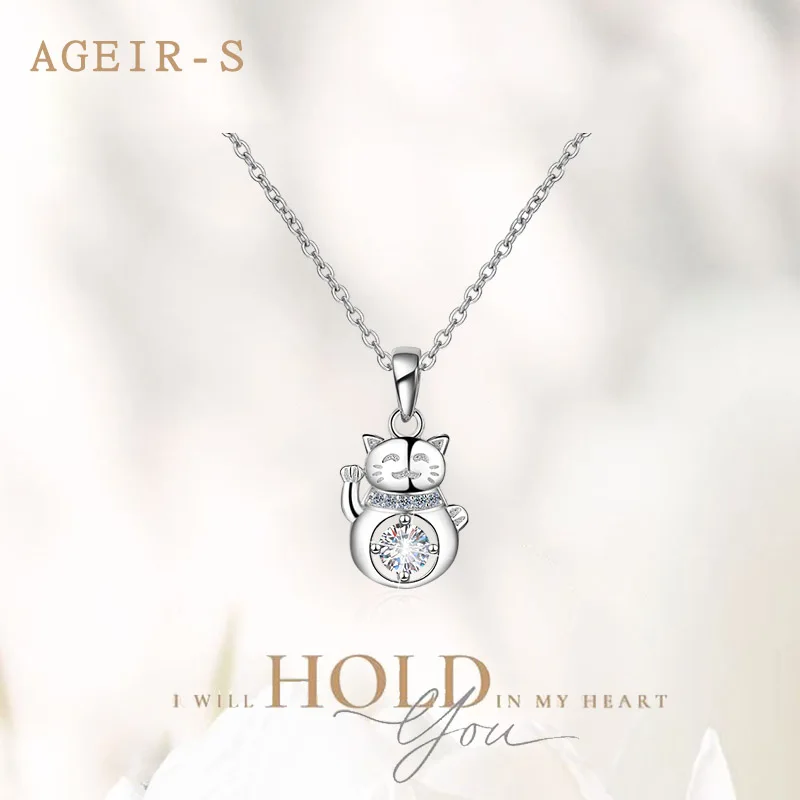 

AGEIR-S S925 Sterling Silver 30 Cent Moissanite Fortune cat Necklace for Women Fashion Pendant Wedding Luxury Jewelry Gift Z085