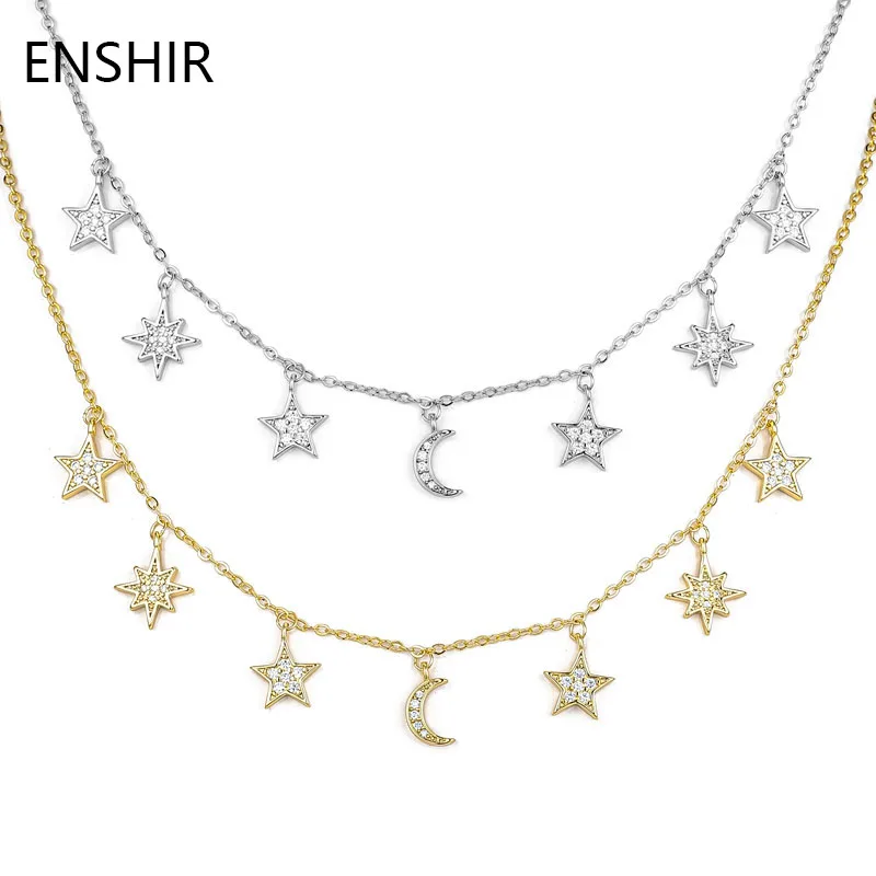 

ENSHIR Moon Star Tassel Necklace for Women Gold Color Tassel Clavicle Chain Choker Necklace Romantic Jewelry Gift