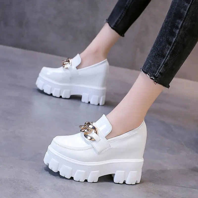 New Black Autumn Women Patent Leather Chunky Sneakers Breathable Chain High Heels British Style Platform Casual Shoes Woman 10CM