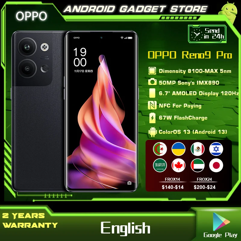 OPPO Reno9 RENO 9 Pro Plus 5G Mobile Phone 16GB RAM Snapdragon 8+Gen1 6.7 OLED 50MP Camera 80W Charge Android 13 NFC Smartphone