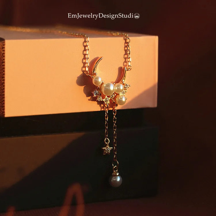 

Light luxury Vintage sweet lace Pearl Diamond Star Moon Necklace vacuum plating 18K gold color preserving fairy neck chain