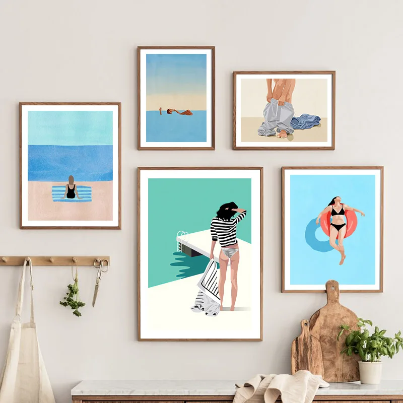 

Summer Beach Pool Girl Aesthetic Poster and Print Illustration Abstract Art Canvas Modern Nordic Wall Decor PicturePainting