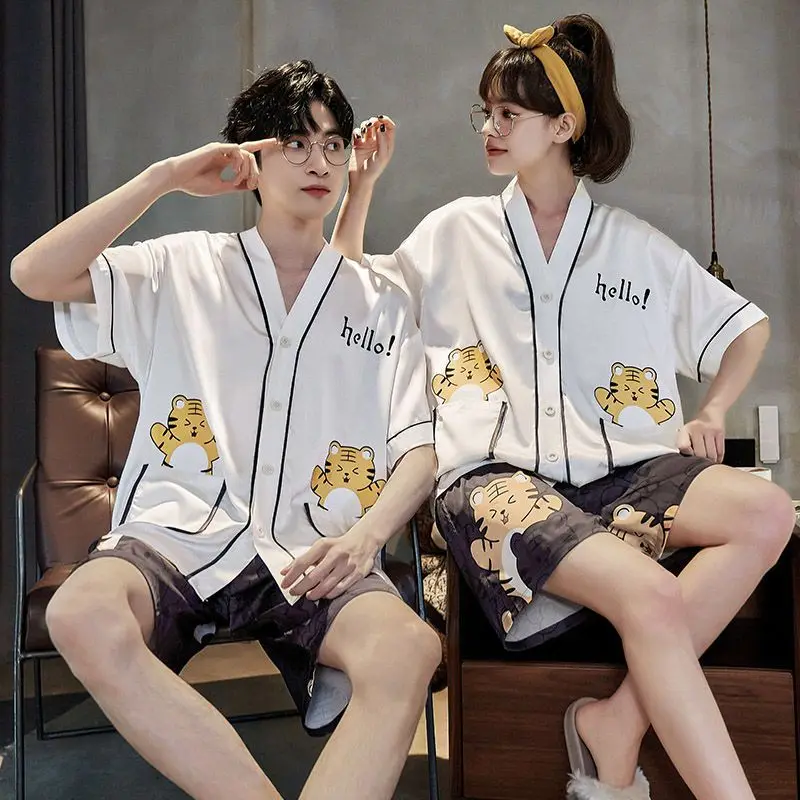 High-end couple pajamas, women's ice silk short sleeves, cute cartoon thin imitation silk loungewear men's set