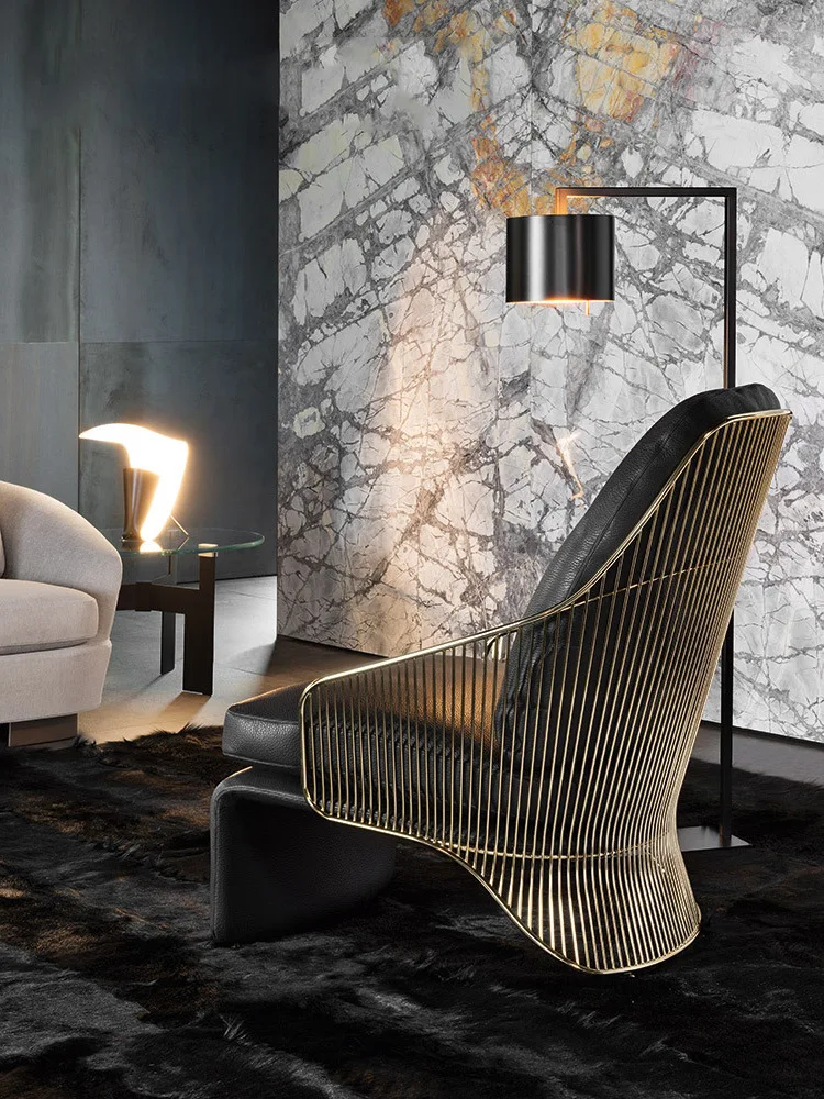 

Leisure Chair Modern Light Luxury Single-Seat Sofa Chair Stainless Steel Leather High Backrest Chair Living Room Balcony Lazy