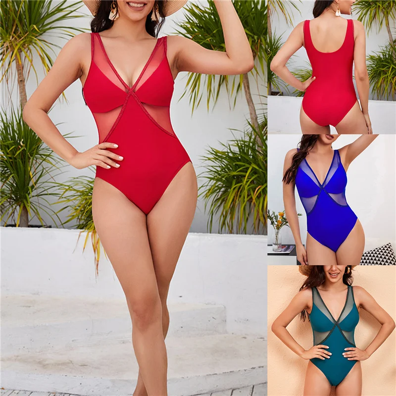 

4 Colors, Women Swimsuit, Adults Sleeveless Padded Solid Color Sexy Deep V-neck Hollow Out Bodysuit Swimwear, S/M/L/XL/XXL