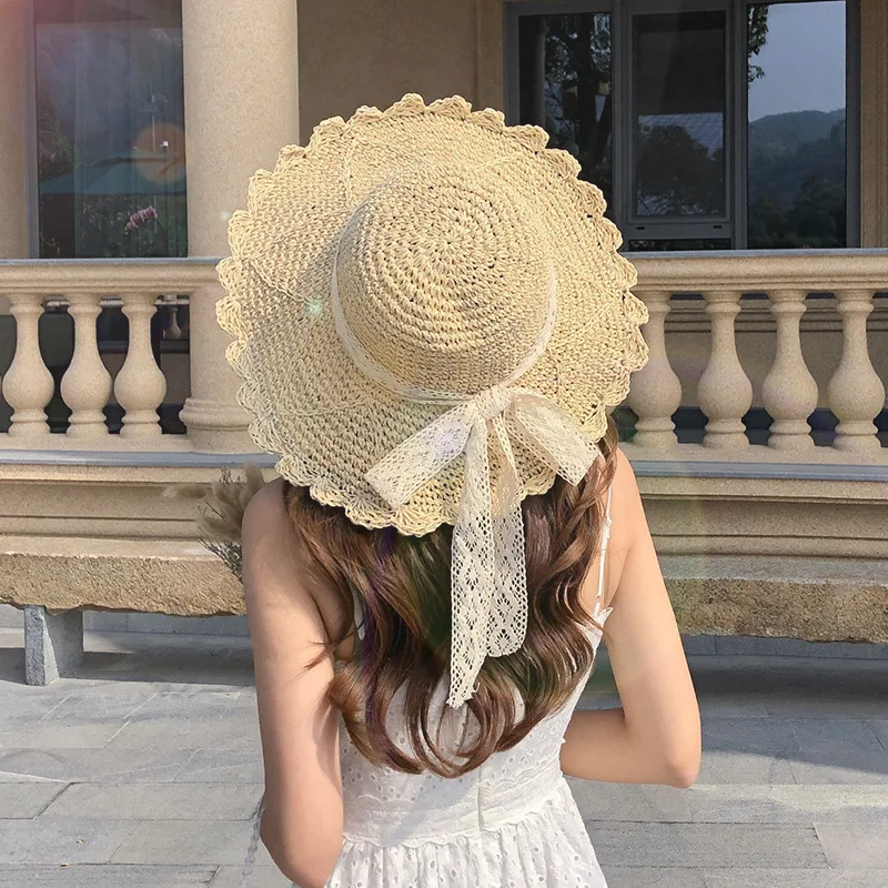 

Шляпа женская Соломенная с кружевной отделкой, складная Панама с широкими полями, для отдыха на открытом воздухе, путешествий, пляжа, летняя
