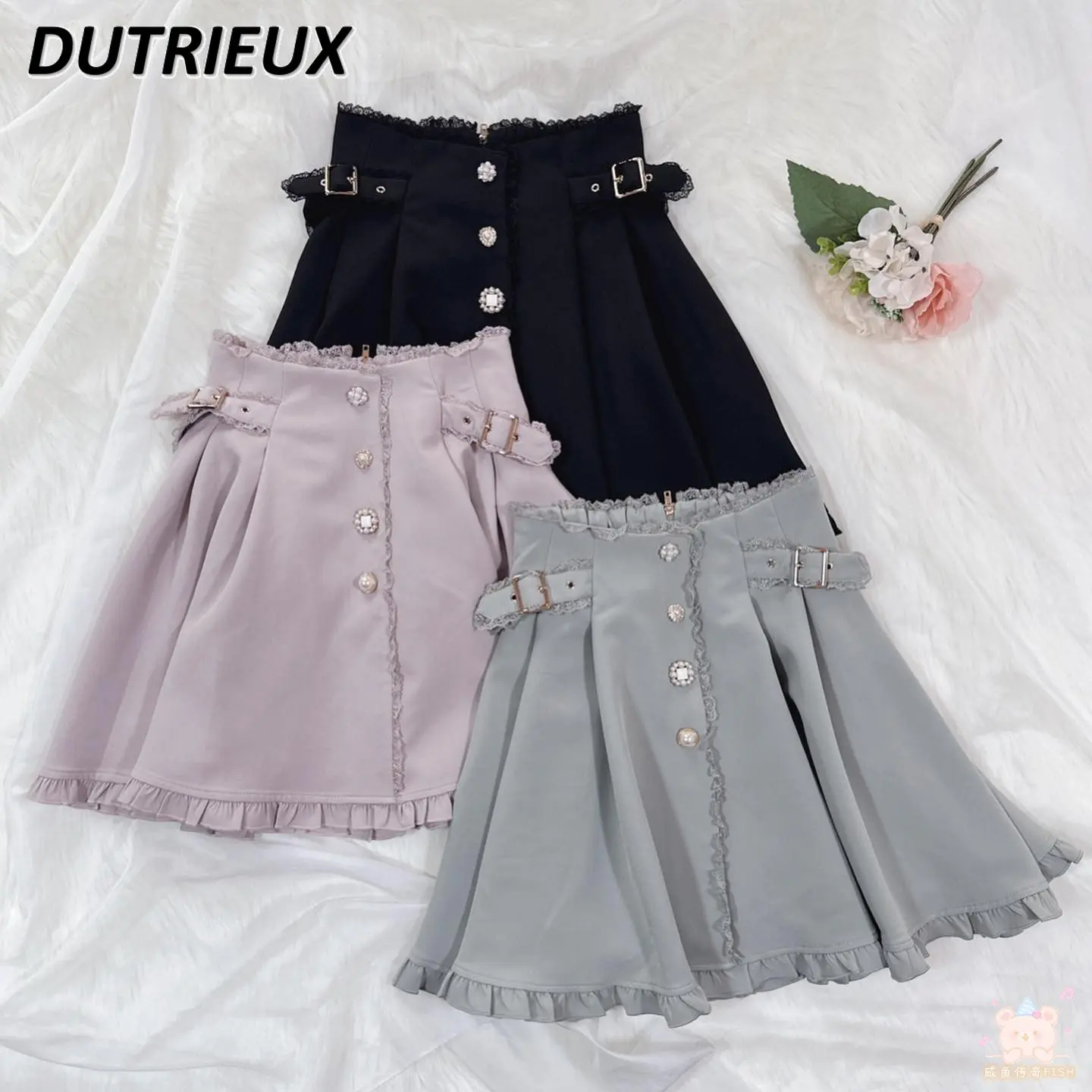 

Rojita Japanese Style Women's Skirt Summer Rhinestone Belt All-Match Solid Color Casual Skirts Sweet Cute High Waist Mini Skirt