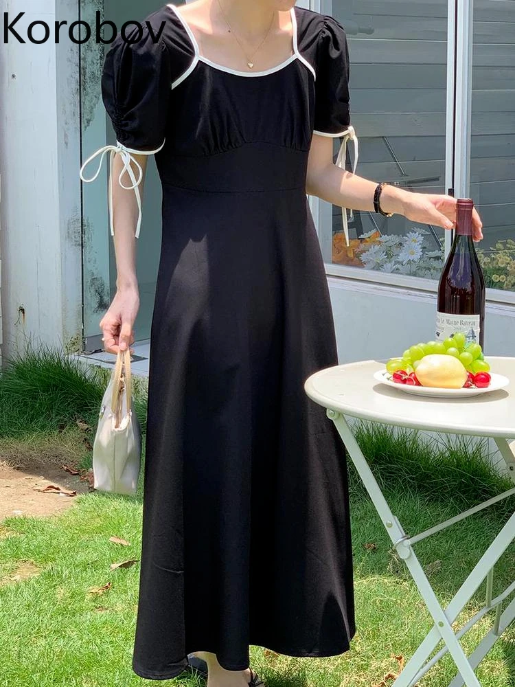

Korobov Vintage Chic Korean Robe Summer French Dress Grace Square Collar Sleeve Strap Contrasting Colors Dresses Fashion Vestido