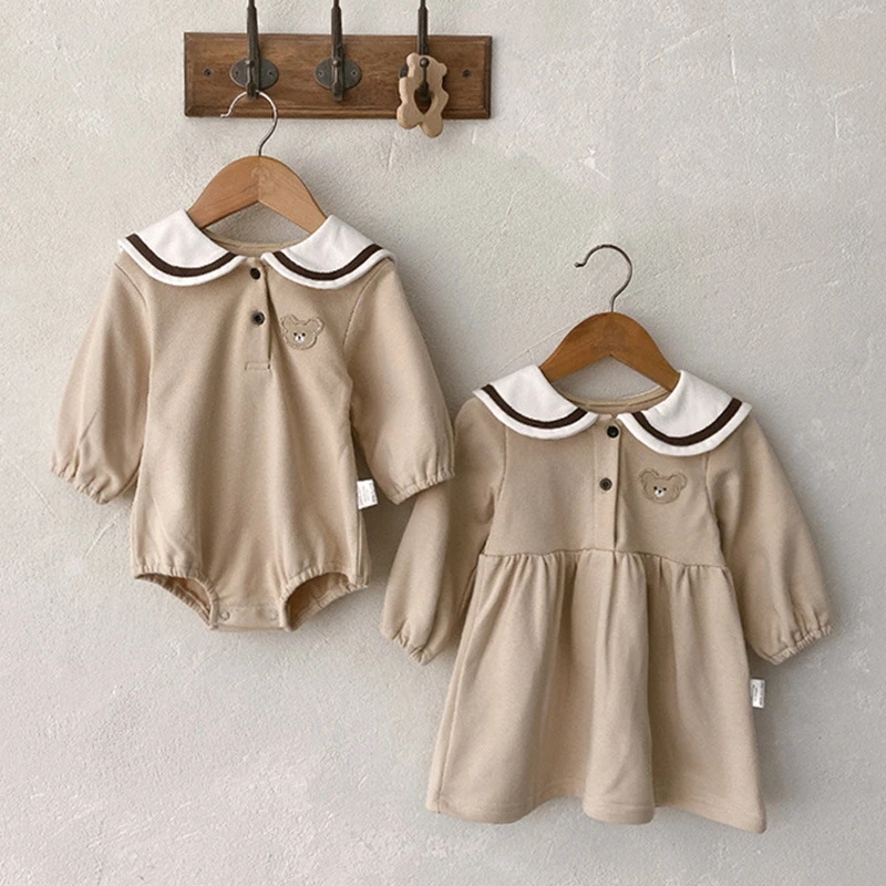 

Toddler Baby Girl Romper Dress Spring Cute Bear Peter Pan Collar Bodysuits for Infants Cotton Fashion Kids Clothes Boys Outfits