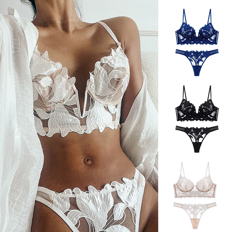 

French Lingerie Sexy Women Underwear Set Push Up Bra Lace Transparent Bra Panty Sets Wedding White Thin Underwear