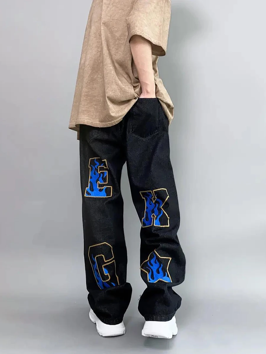 Four Seasons Men's Jeans Korean Letter Printed Trousers Street Washed Unisex Hip Hop Loose Straight Casual Pants ins Hot Sale