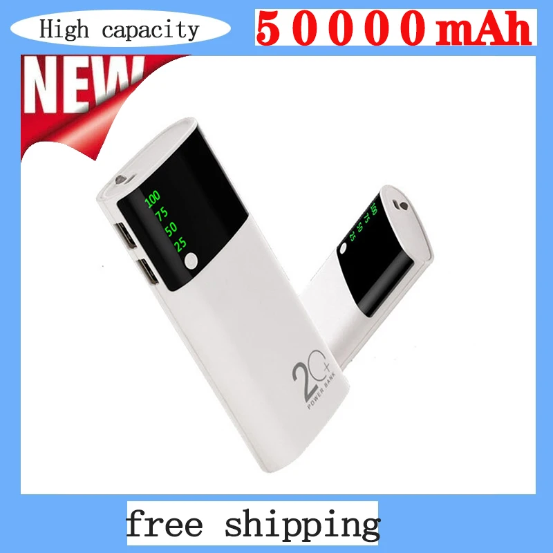 

50000mah White Power Bank Double USB Digital Display Powerbank Fast Charger Portable External Battery Flashlight for Xiaomi i13