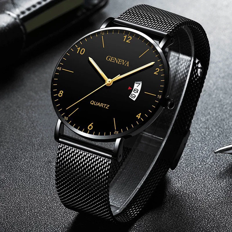 

Fashion Ultra-thin Watches for Men Luxury Business Stainless Steel Mesh Belt Quartz Clock Men's Calendar Wristwatch Reloj hombre