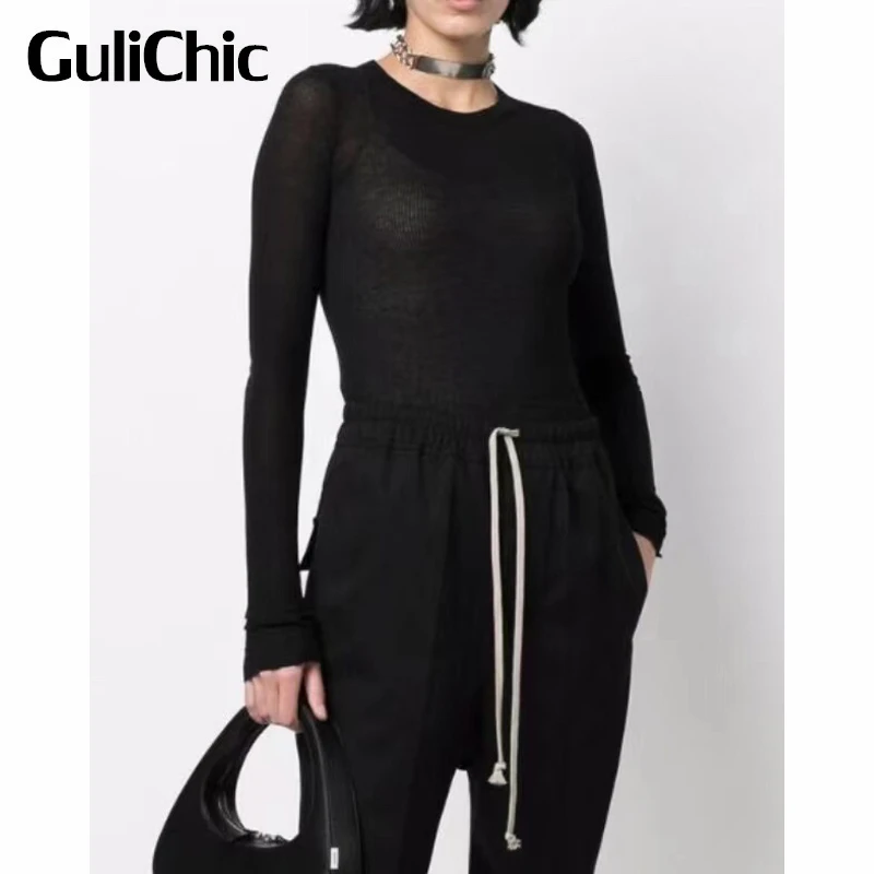 

2.5 GuliChic Women Casual Comfortable Round Neck Long Sleeve Solid Color Knitted Slim Stretch T-Shirt