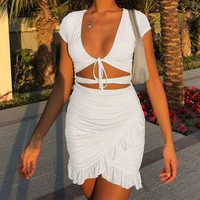 ins style 2022 summer new cut out lace up sexy slim ruffle cross care machine dress