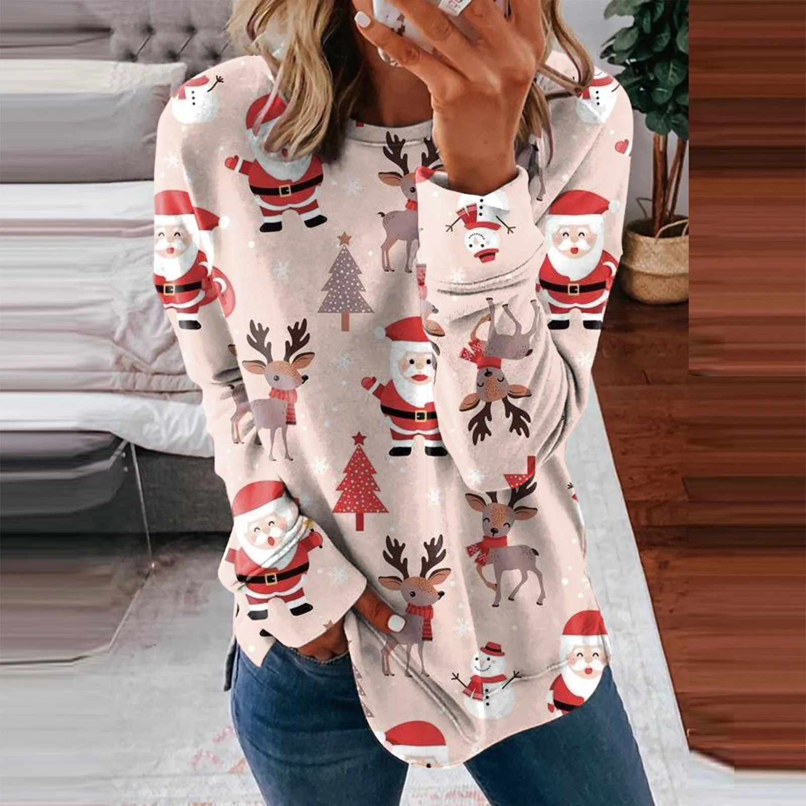 

Womens Winter Fashion Tops Casual Hoodless Sweatshirt Christmas Print Pullover Ladies Sweat Suits Two Piece