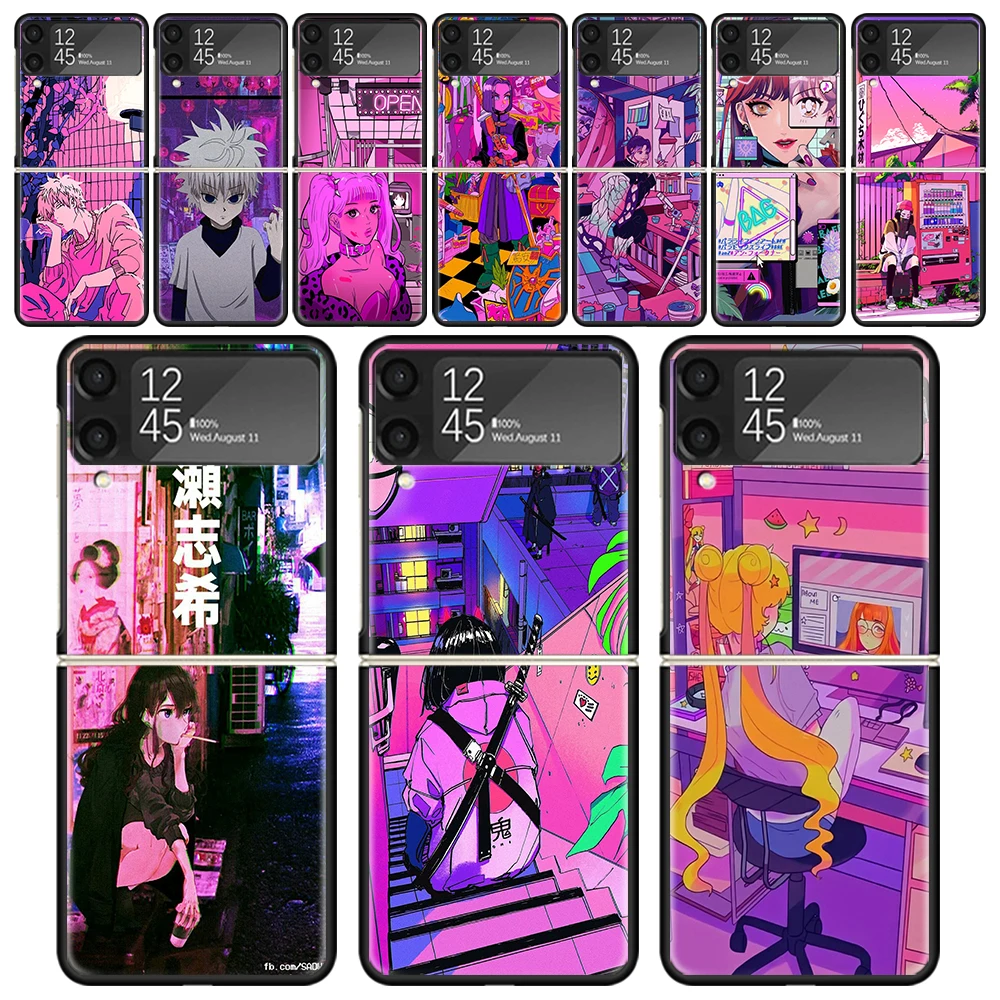 

Аниме Vaporwave Блестящий Фиолетовый ударопрочный складной Жесткий Чехол для мобильного телефона для Samsung Galaxy Z Flip 4 3 5G ТПУ Черный чехол для теле...