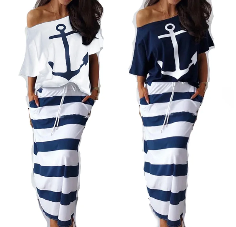 

Women Dress Sexy Navy Casual Anchor Print Short Sleeve T-Shirt Skirt Suit Slash Neck Top Striped Print Skirt Beach Party Clothes