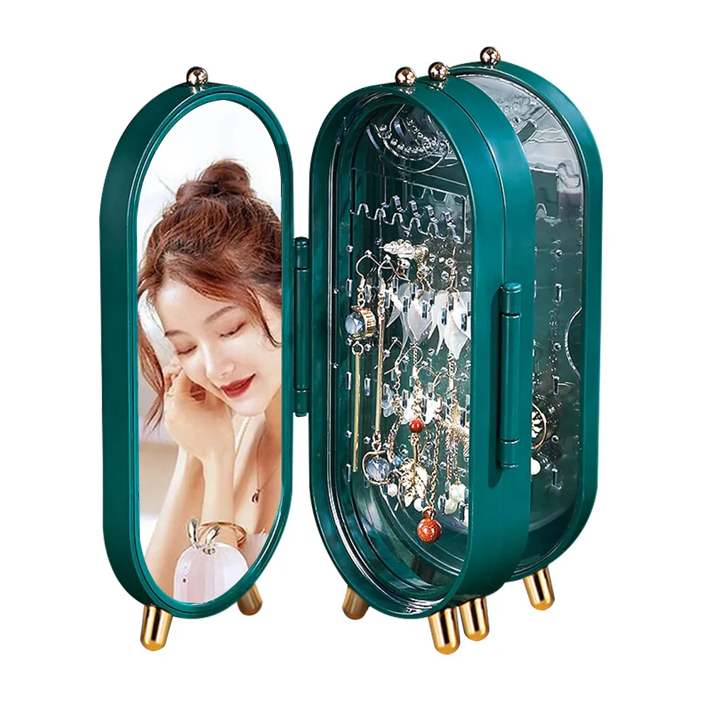 

Foldable jewelry organizer Household Earrings Necklace Display Stand Organizer Case Luxury Retro with Mirro Jewel Storage Box