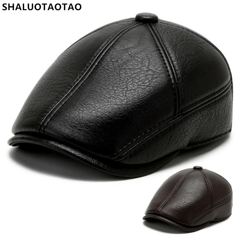 

New Men Leather Hat Autumn Winter Cap Octagonal Hats Keep Warm Earmuffs Fleece Snapback Men's Women's Berets Casquette 2023