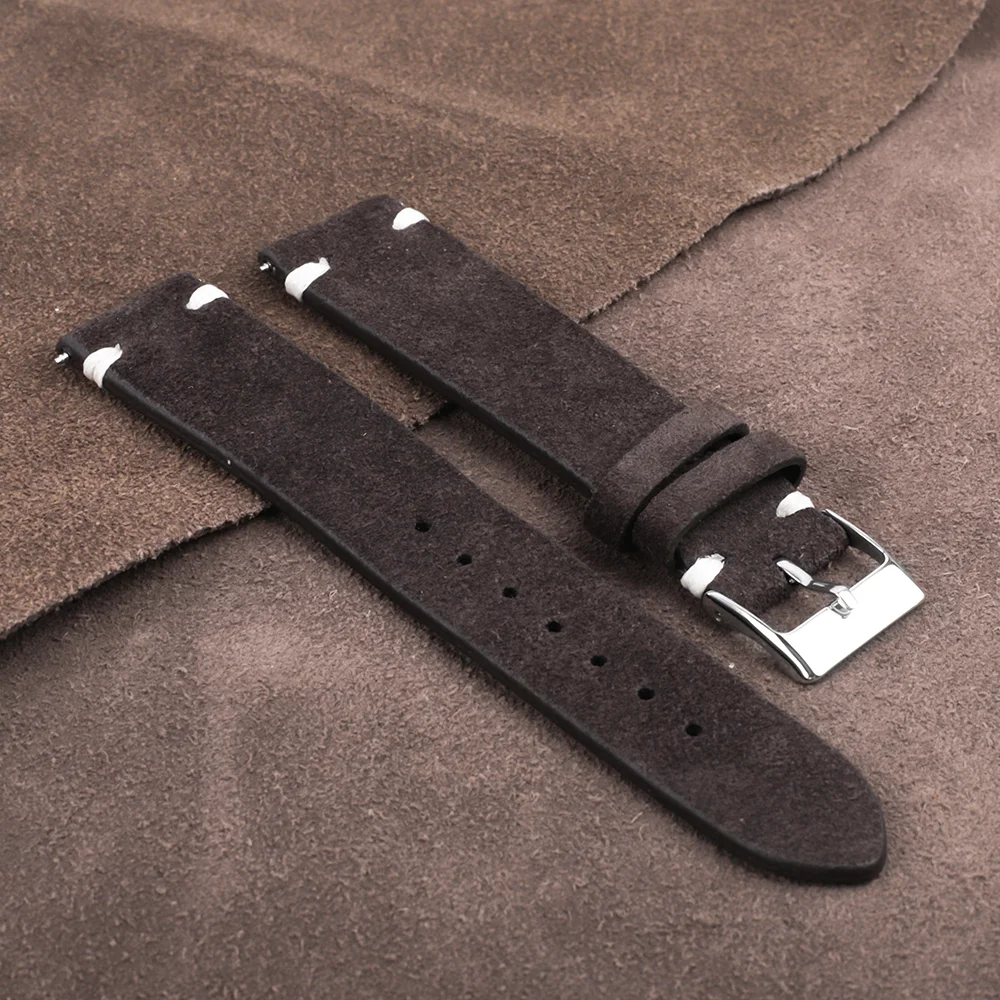 

Vintage Suede Leather Watch Band 18mm 20mm Coffee Soft Watch Strap Replacement Handmade Stitching Wristband for Men Watchband