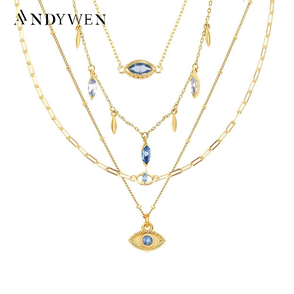 

ANDYWEN 925 Sterling Silver Several Necklace Wearing Blue Eye Zircon Choker Long Chain Necklace Rock Puck Fine Jewelry Gift