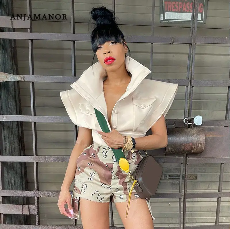 

ANJAMANOR Streetwear Air Layer Cropped Button Vest Top Fall 2021 Womens Fashion Sleeveless Blazer Jackets Outerwear D85-DD28