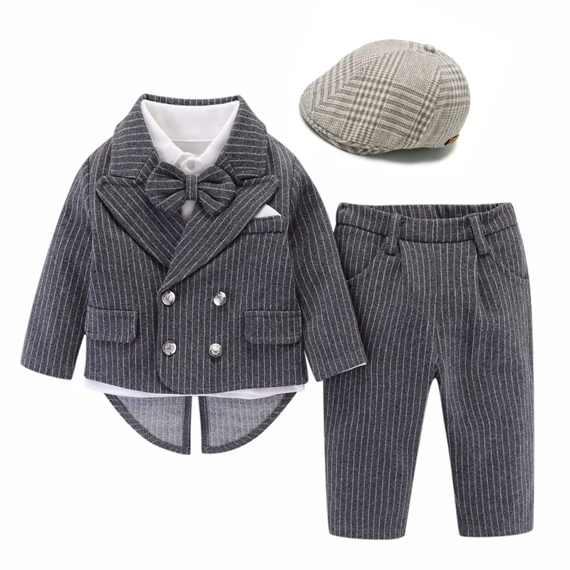 

Boy Tuxedo Clothing with Hat Baby Spring Cotton Suit Newborn 1th Birthday Dress 3 Pieces Striped Infant Children Outfit