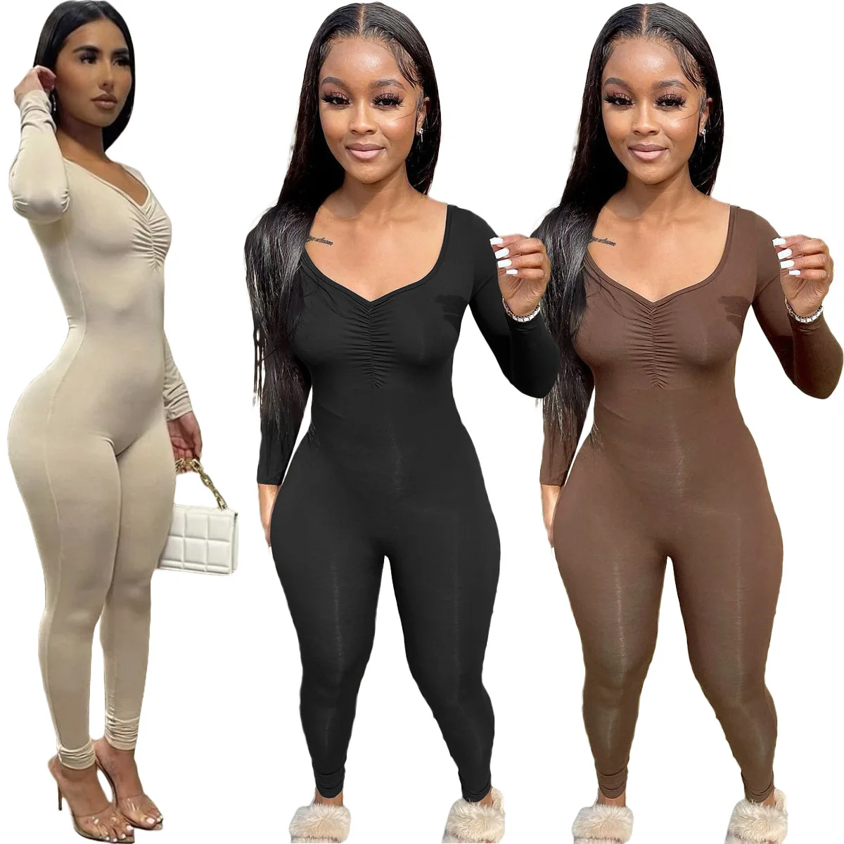 

2022 New Women Sexy Bodysuit Solid V-Neck Pleated Long Sleeve Jumpsuit Spring Summer One Piece Pants Casual Sports Women Rompers
