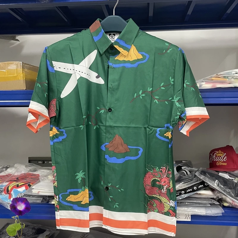 

Green Casablanca Shirts Aircraft Island Printing Short Sleeve Top Tee Men Women One Day Shipped Out