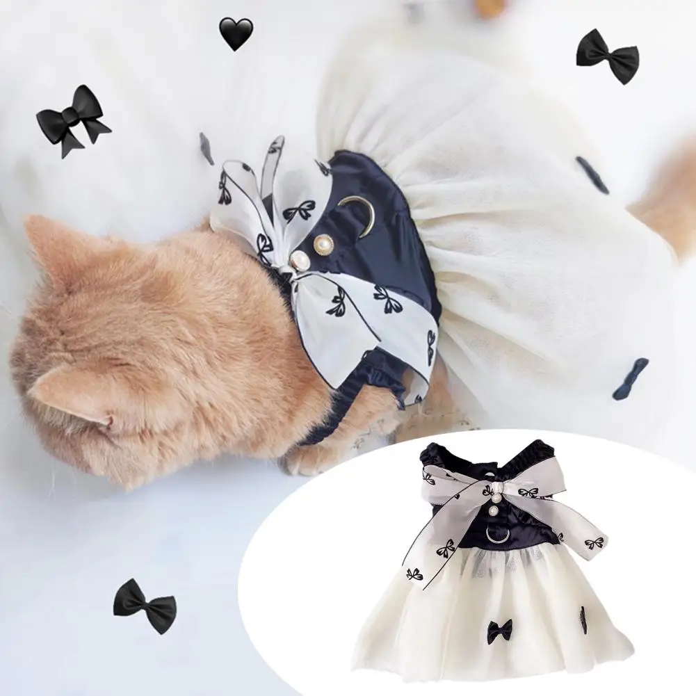 

Cat Princess Dress with Bow-knot Extra Soft Button Closure Faux Pearl Design Pet Dress Summer Outfits