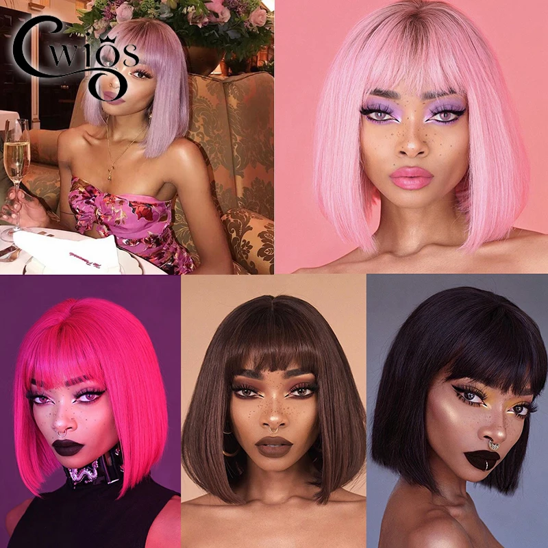 

Short Bob Pixie Cut Straight Pink Purple Ombre Color Invisible Synthetic Full Machine Wig With Bangs Cosplay Drag Queen Party