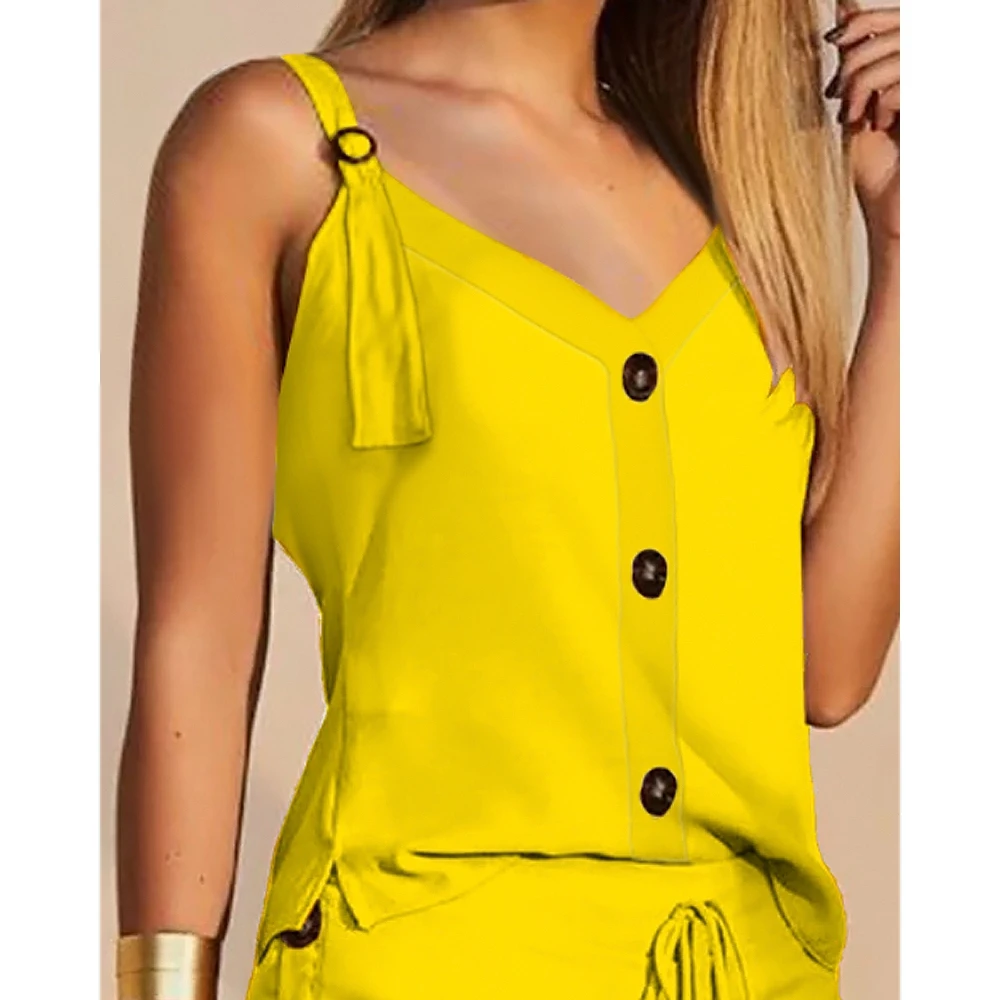 Buttoned Design Two Piece Set for Women V-Neck Casual Top & Drawstring Short Sets Y2k 2023 Summer Clothes Outfits