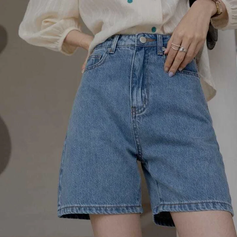 A GIRLS Denim Shorts Women Korean  Girls Trendy Buttons Pockets All-match Vintage Street Trousers  Daily  Color Casual