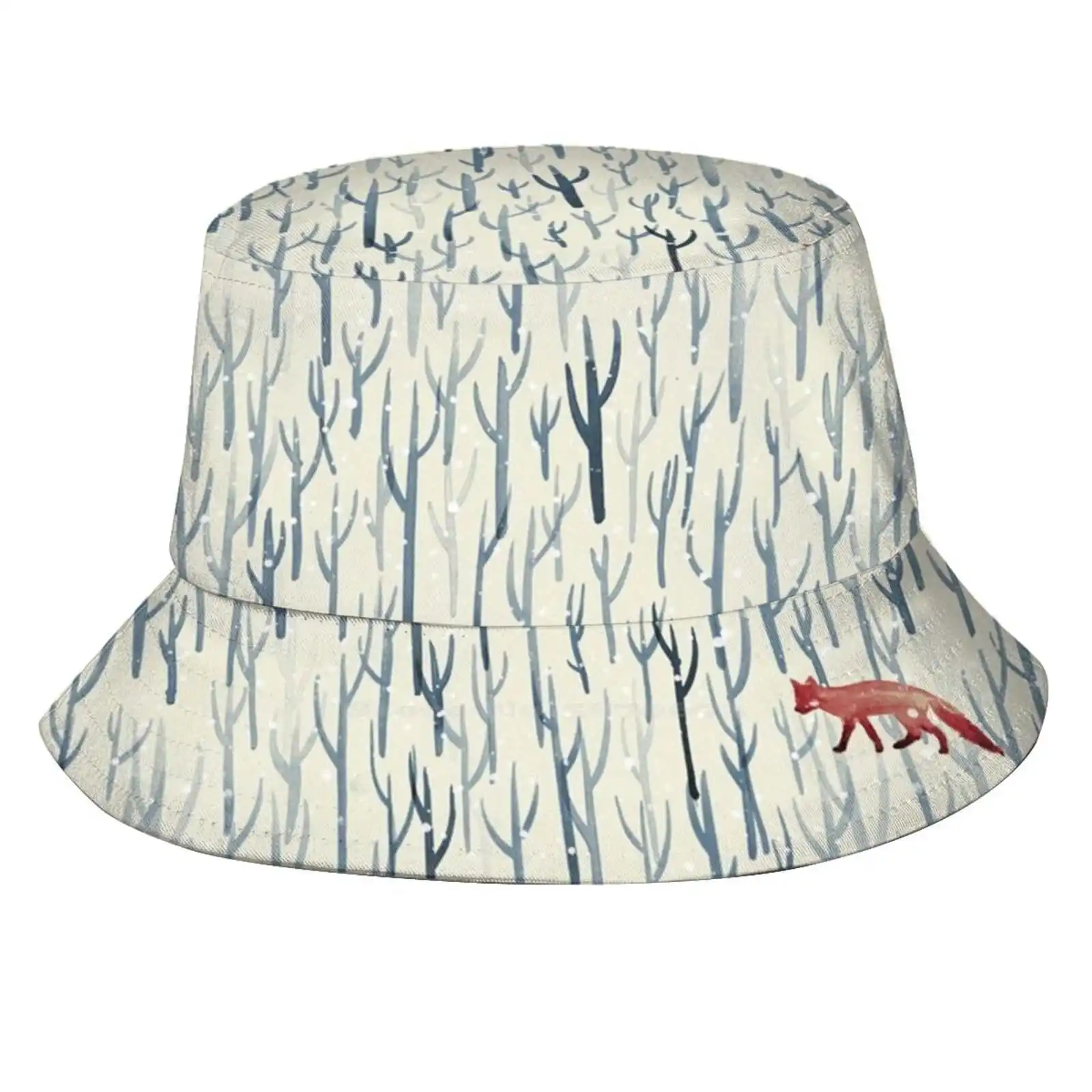 

Winter Wood Uv Protection Foldable Bucket Hats Women Men Fox Snow Woods Trees Watercolor Blue Red Ink Forest Walk Trail Nature