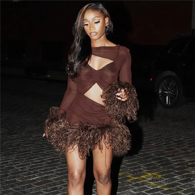 

GGLNOO Solid Mesh Hollow Out Tassel Mini Dress Women Sexy See Through Skinny Silky Lady Elegant Robe Clubwear Female Outfits