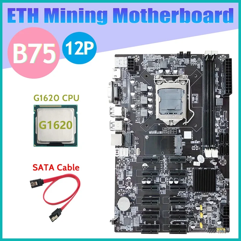 B75 12 PCIE ETH Mining Motherboard+G1620 CPU+SATA Cable LGA1155 MSATA USB3.0 SATA3.0 DDR3 B75 BTC Miner Motherboard