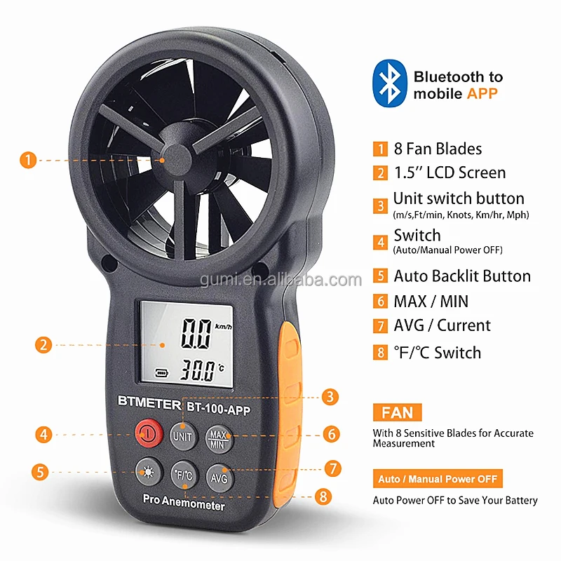 

BT 100 APP Mobile APP Wireless Bluetooth Vane Digital Anemometer Tester Meter For Measuring Wind Chill Speed Temperature